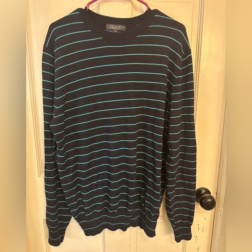 Garret‎ Scott Sweater Crew Neck Extra Fine Merino Wool Mens Size XL Blue Striped